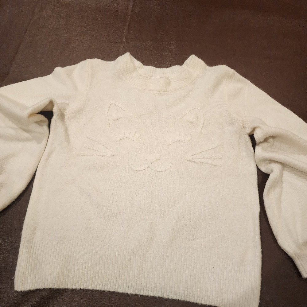 LC Lauren Conrad Women's XS Cream Cat Face Sweater Knit Pullover Kitty Novelty